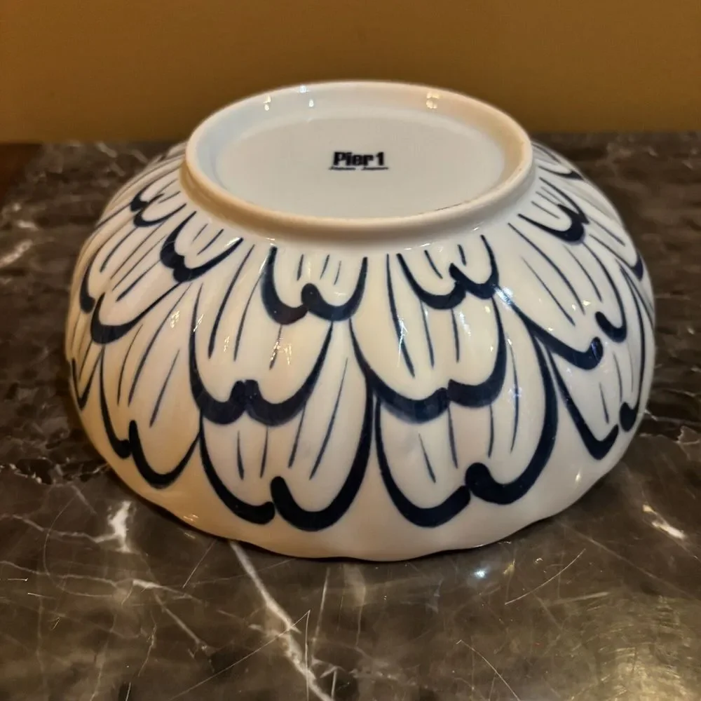 Pier 1 Japan Vintage‎ Blue and White Floral Serving Bowl chrysanthemum floral 8